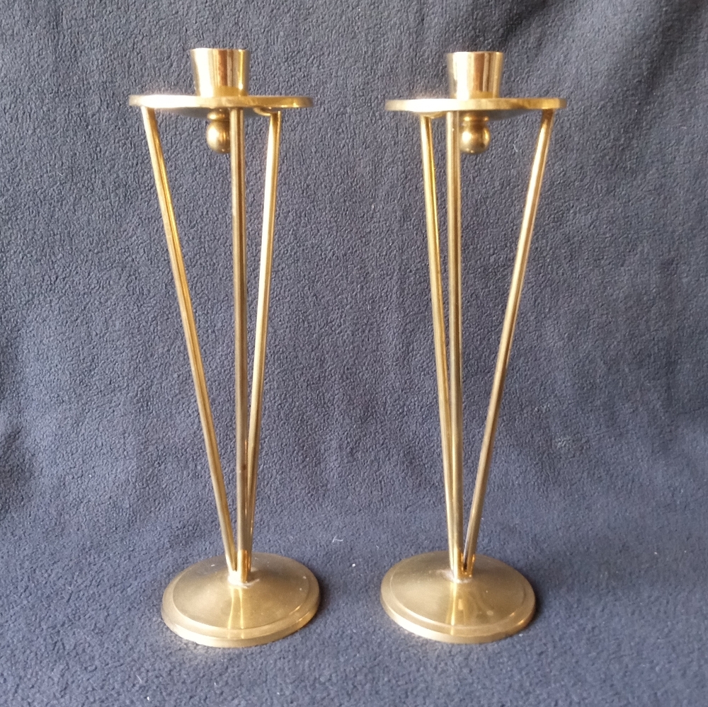 VINTAGE PAIR SOLID BRASS CANDLESTICK HOLDERS MCM DUTCH Art Deco Geometric Design